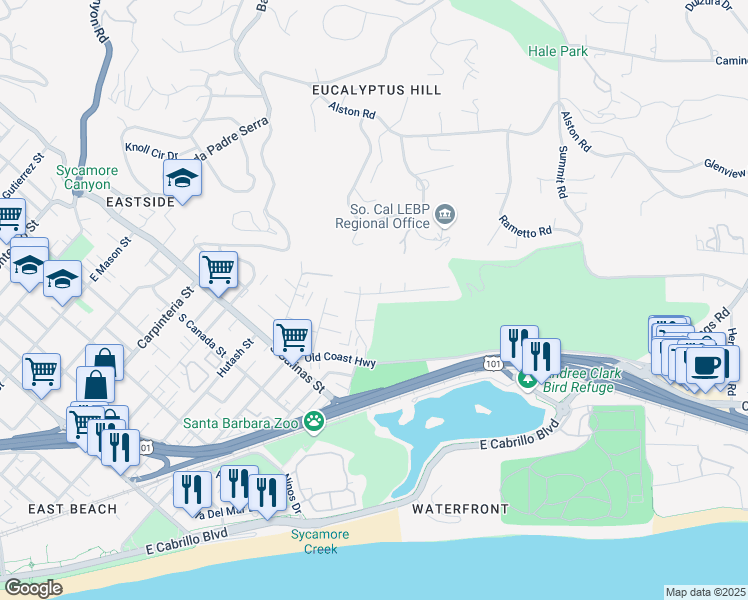 map of restaurants, bars, coffee shops, grocery stores, and more near 482 Scenic Drive in Santa Barbara