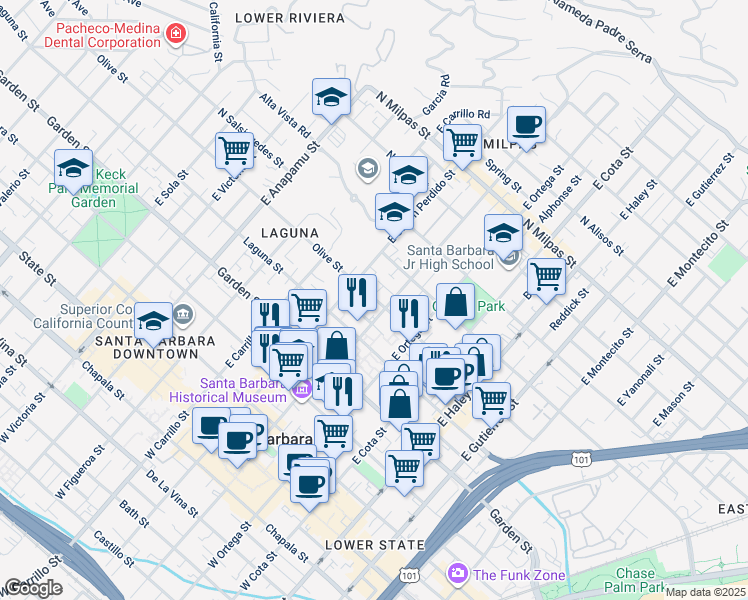 map of restaurants, bars, coffee shops, grocery stores, and more near 809 Olive Street in Santa Barbara