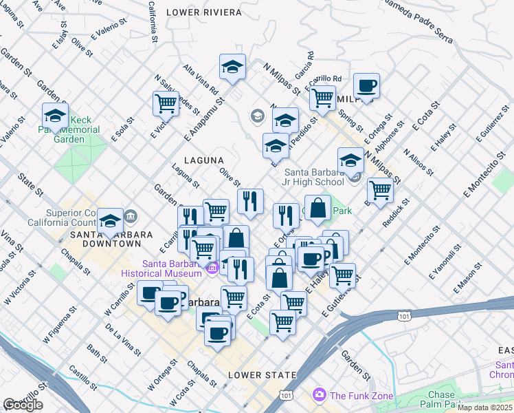 map of restaurants, bars, coffee shops, grocery stores, and more near 817 Olive St in Santa Barbara