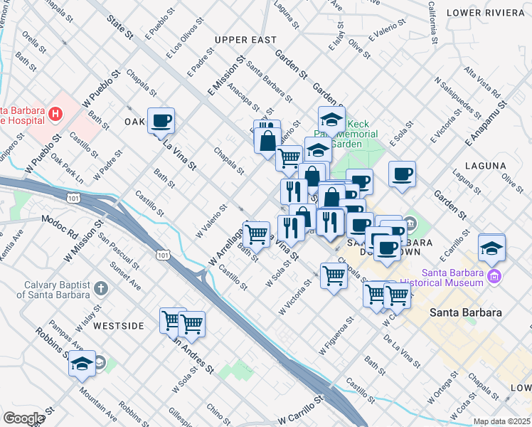 map of restaurants, bars, coffee shops, grocery stores, and more near 116 West Micheltorena Street in Santa Barbara
