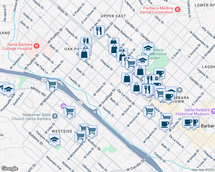 map of restaurants, bars, coffee shops, grocery stores, and more near 1624 Bath Street in Santa Barbara