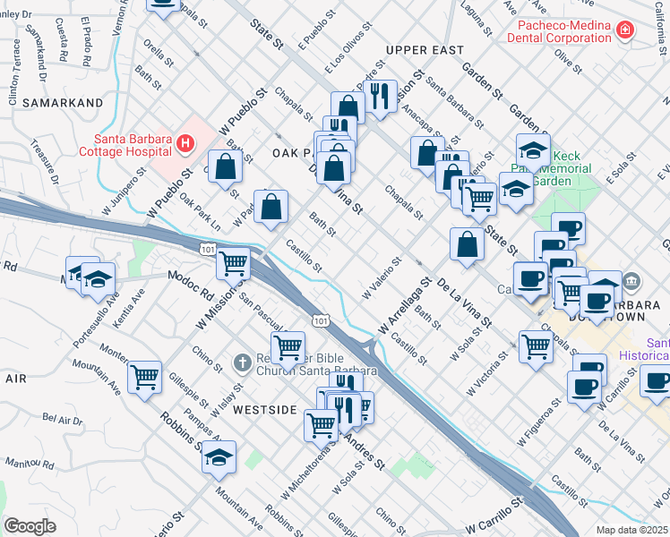 map of restaurants, bars, coffee shops, grocery stores, and more near 334 West Islay Street in Santa Barbara