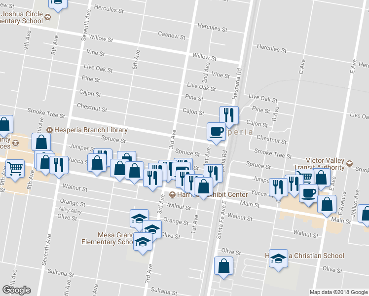 map of restaurants, bars, coffee shops, grocery stores, and more near 16410 Spruce Street in Hesperia