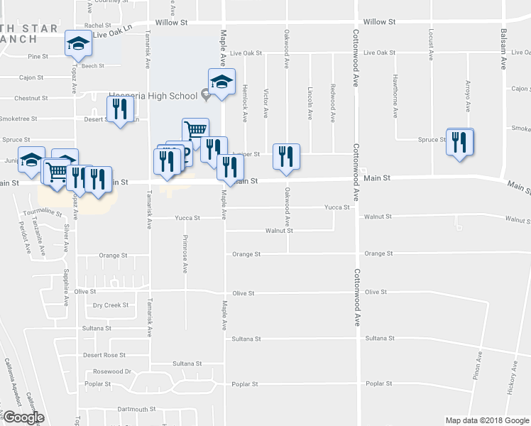 map of restaurants, bars, coffee shops, grocery stores, and more near 14611 Yucca Street in Hesperia