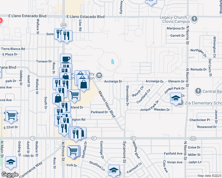 map of restaurants, bars, coffee shops, grocery stores, and more near 1316 Concord Road in Clovis