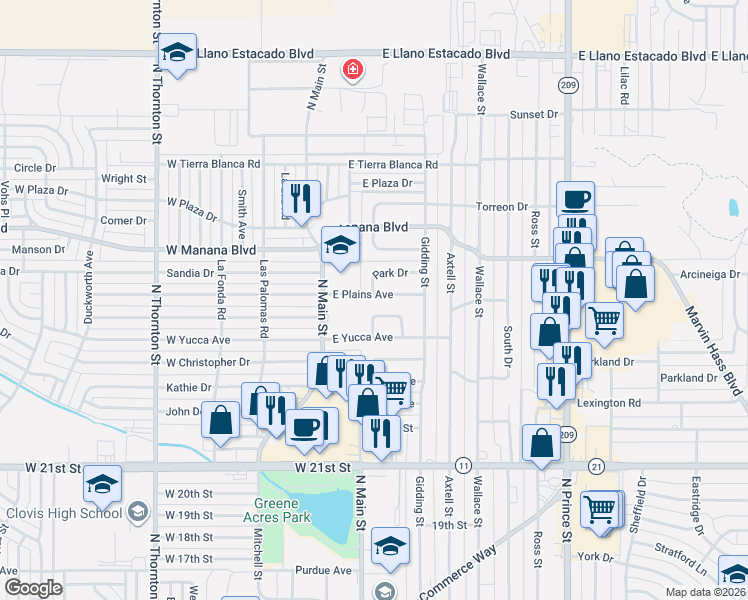 map of restaurants, bars, coffee shops, grocery stores, and more near 136 Crescent Drive in Clovis