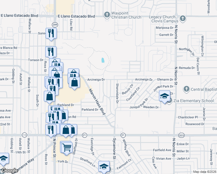 map of restaurants, bars, coffee shops, grocery stores, and more near 1513 Lexington Road in Clovis