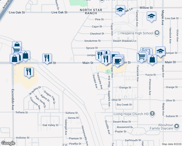 map of restaurants, bars, coffee shops, grocery stores, and more near 9616 Peridot Avenue in Hesperia