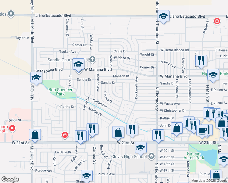 map of restaurants, bars, coffee shops, grocery stores, and more near 1104 W Yucca Ave in Clovis