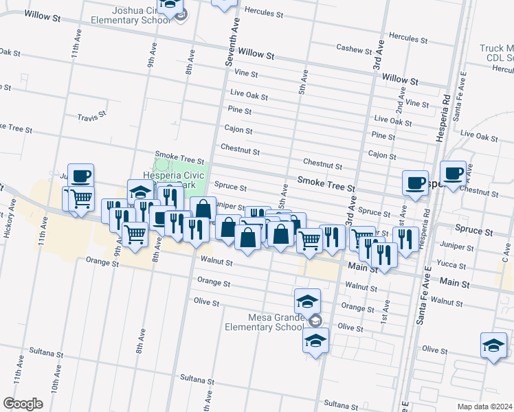 map of restaurants, bars, coffee shops, grocery stores, and more near 16082 Juniper Street in Hesperia