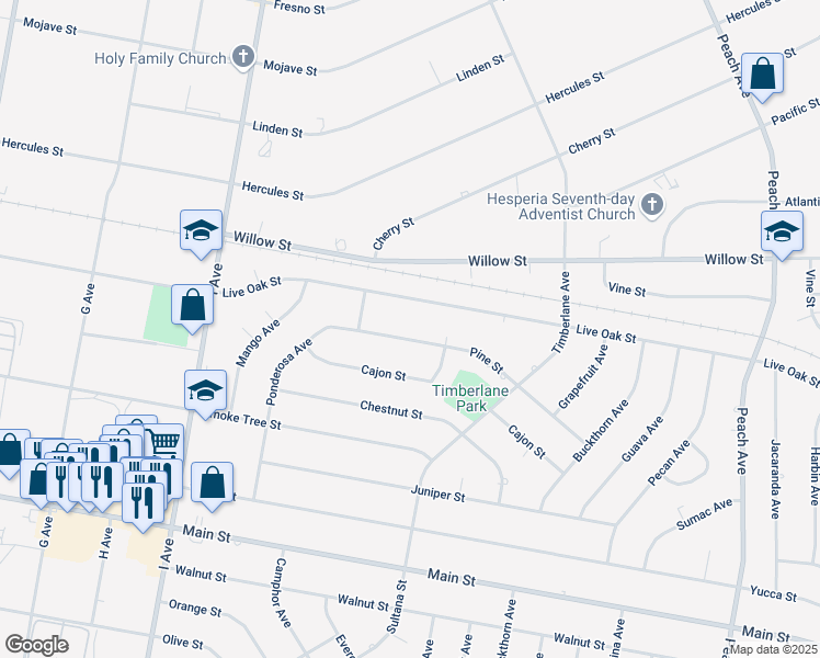 map of restaurants, bars, coffee shops, grocery stores, and more near 17872 Pine Street in Hesperia