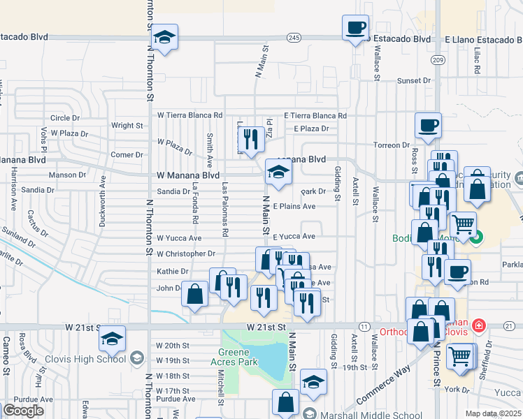 map of restaurants, bars, coffee shops, grocery stores, and more near 101 West Plains Avenue in Clovis