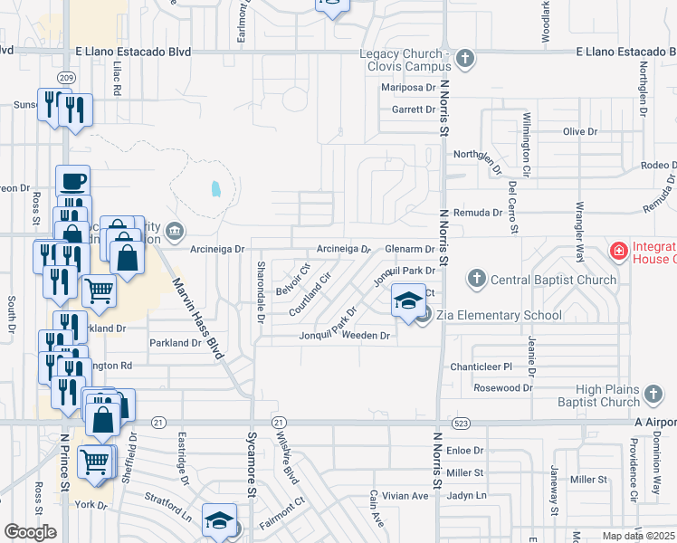 map of restaurants, bars, coffee shops, grocery stores, and more near 1817 Courtland Circle in Clovis