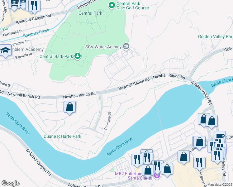 map of restaurants, bars, coffee shops, grocery stores, and more near 22379 Driftwood Court in Santa Clarita