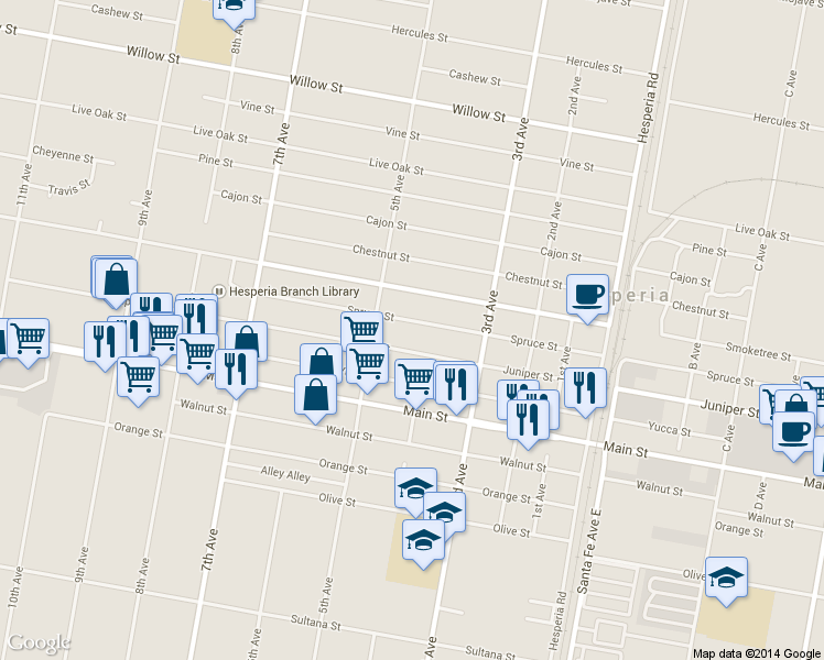 map of restaurants, bars, coffee shops, grocery stores, and more near 16231 Spruce Street in Hesperia