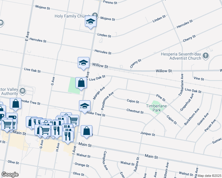 map of restaurants, bars, coffee shops, grocery stores, and more near 9570 Ponderosa Avenue in Hesperia