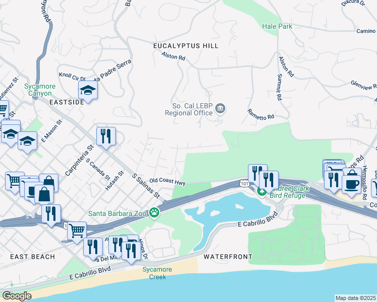 map of restaurants, bars, coffee shops, grocery stores, and more near 482 Scenic Drive in Santa Barbara
