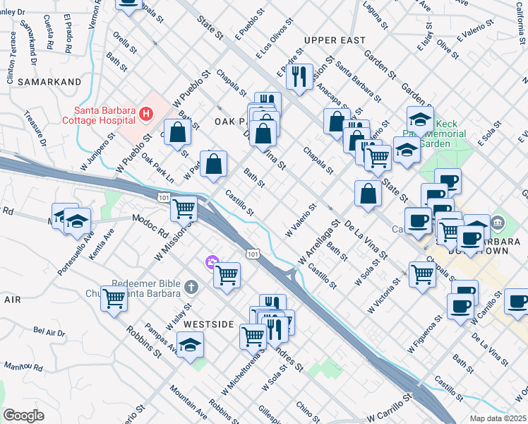 map of restaurants, bars, coffee shops, grocery stores, and more near 334 West Islay Street in Santa Barbara