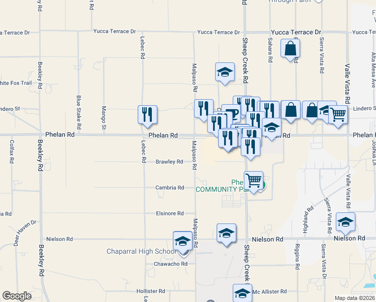 map of restaurants, bars, coffee shops, grocery stores, and more near 9640 Malpaso Road in Phelan