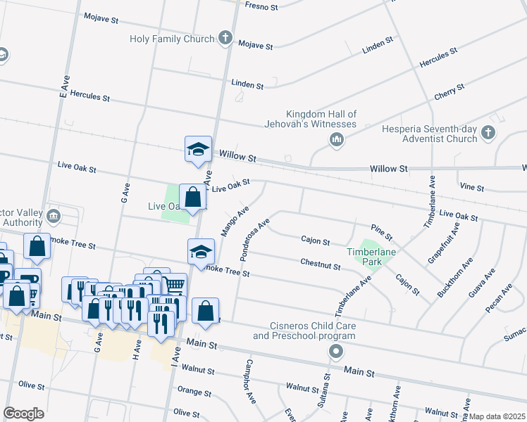 map of restaurants, bars, coffee shops, grocery stores, and more near 9570 Ponderosa Avenue in Hesperia