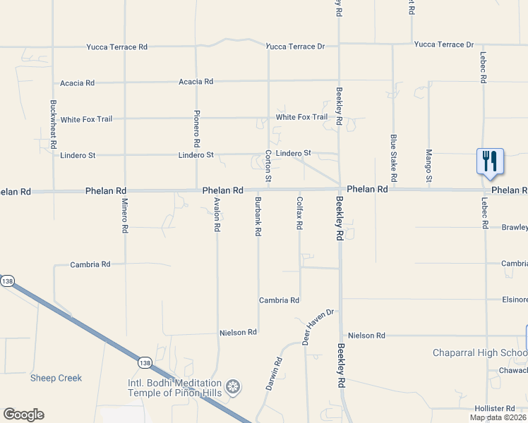 map of restaurants, bars, coffee shops, grocery stores, and more near 9637 Burbank Road in Phelan