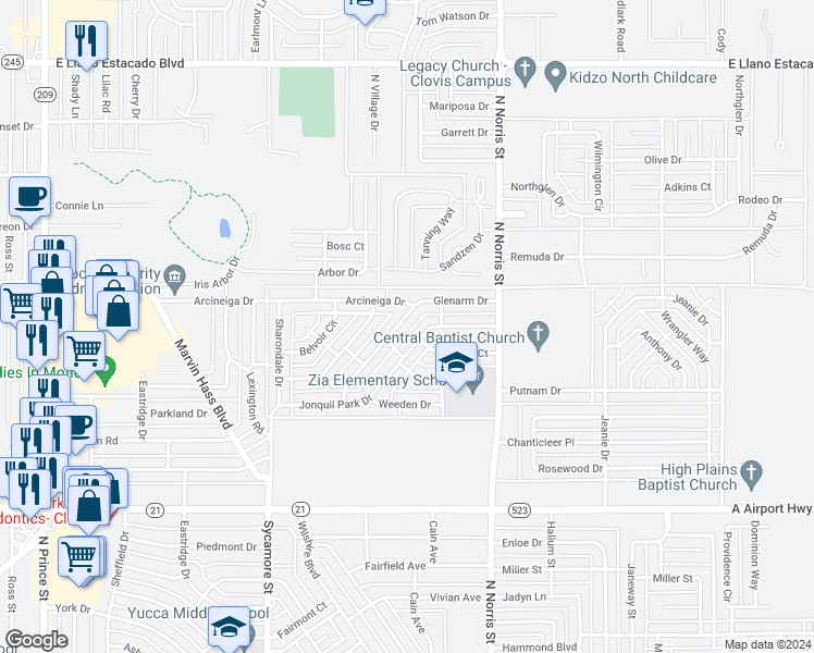 map of restaurants, bars, coffee shops, grocery stores, and more near 1925 Glenarm Drive in Clovis