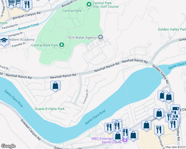 map of restaurants, bars, coffee shops, grocery stores, and more near 22379 Driftwood Court in Santa Clarita