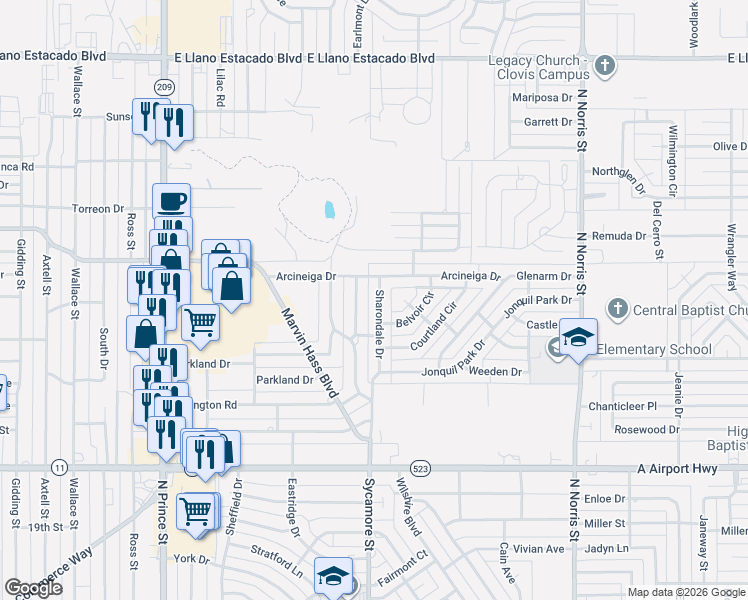 map of restaurants, bars, coffee shops, grocery stores, and more near 1513 Lexington Road in Clovis
