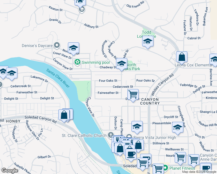 map of restaurants, bars, coffee shops, grocery stores, and more near 19532 Cedarcreek Street in Santa Clarita