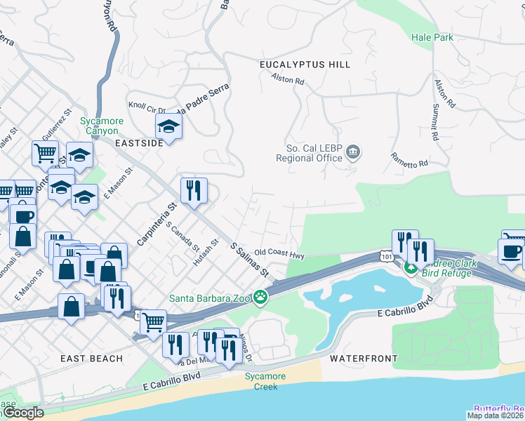 map of restaurants, bars, coffee shops, grocery stores, and more near 47 Ocean View Avenue in Santa Barbara