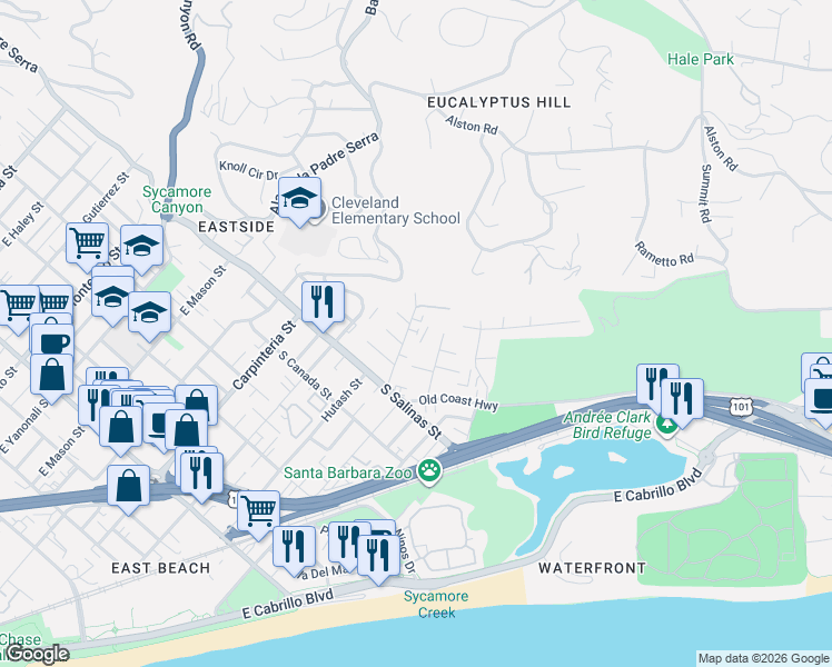 map of restaurants, bars, coffee shops, grocery stores, and more near 47 Ocean View Avenue in Santa Barbara