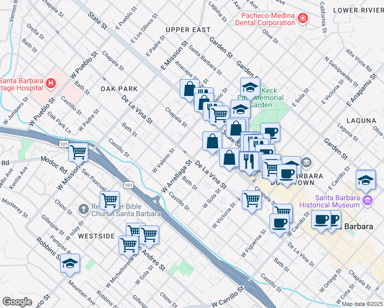 map of restaurants, bars, coffee shops, grocery stores, and more near 206 West Arrellaga Street in Santa Barbara