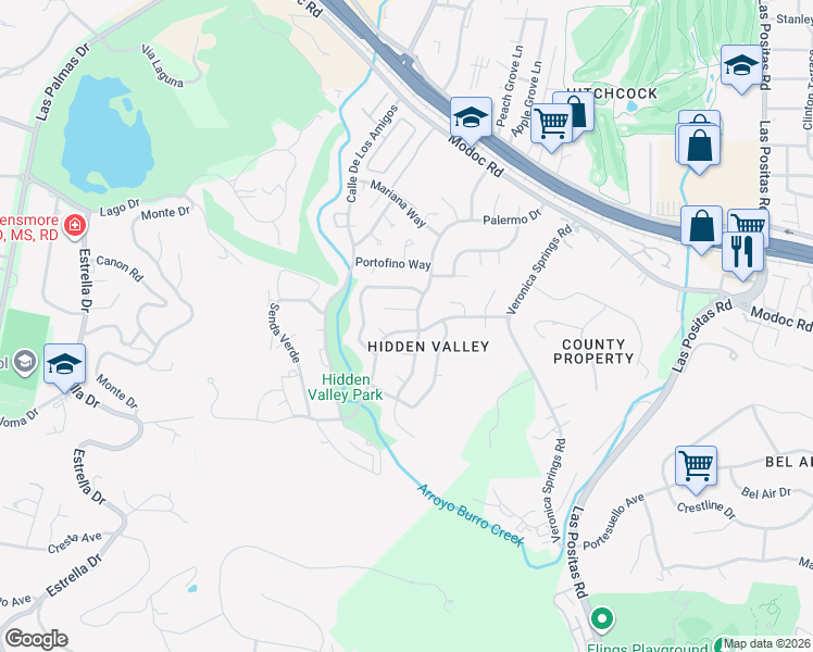 map of restaurants, bars, coffee shops, grocery stores, and more near 3717 Torino Drive in Santa Barbara