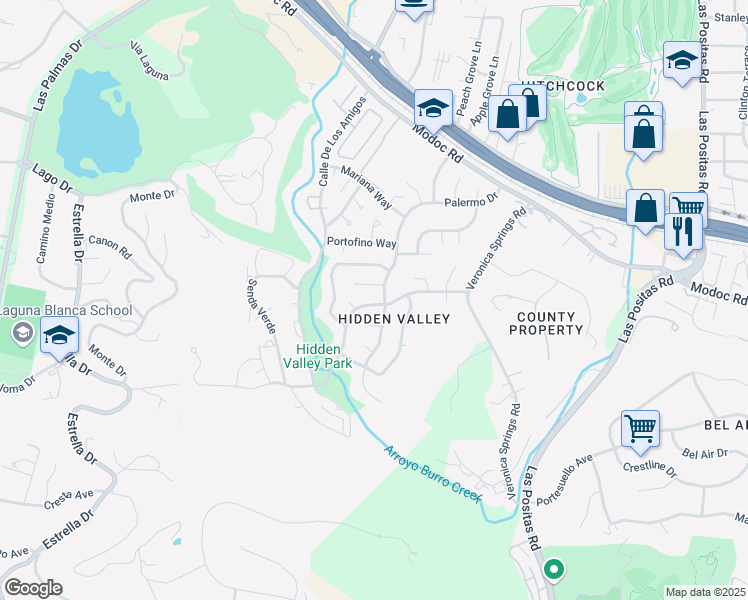 map of restaurants, bars, coffee shops, grocery stores, and more near 3717 Torino Drive in Santa Barbara
