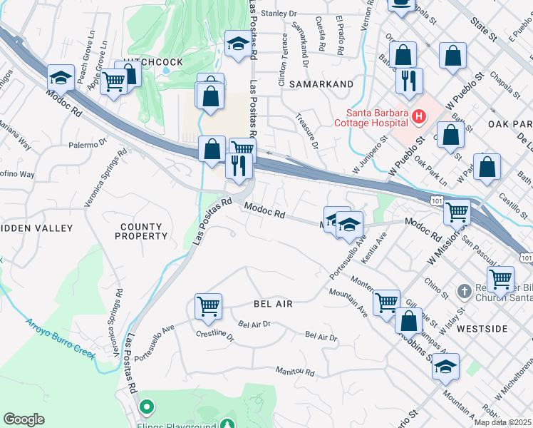 map of restaurants, bars, coffee shops, grocery stores, and more near 2517 Modoc Road in Santa Barbara