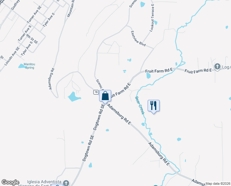 map of restaurants, bars, coffee shops, grocery stores, and more near 102 Fruit Farm Road East in Fort Payne