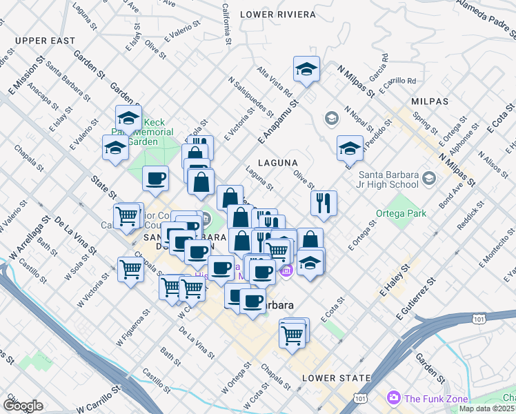 map of restaurants, bars, coffee shops, grocery stores, and more near 305 East Carrillo Street in Santa Barbara