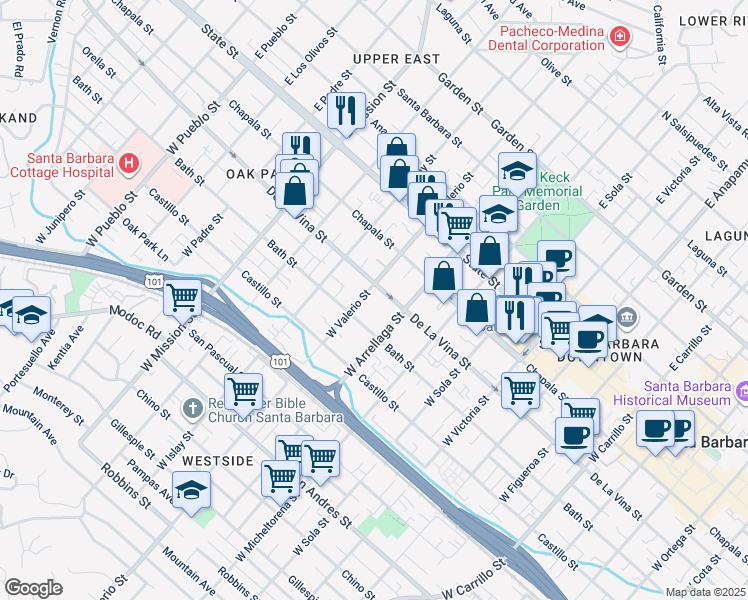 map of restaurants, bars, coffee shops, grocery stores, and more near 209 West Valerio Street in Santa Barbara