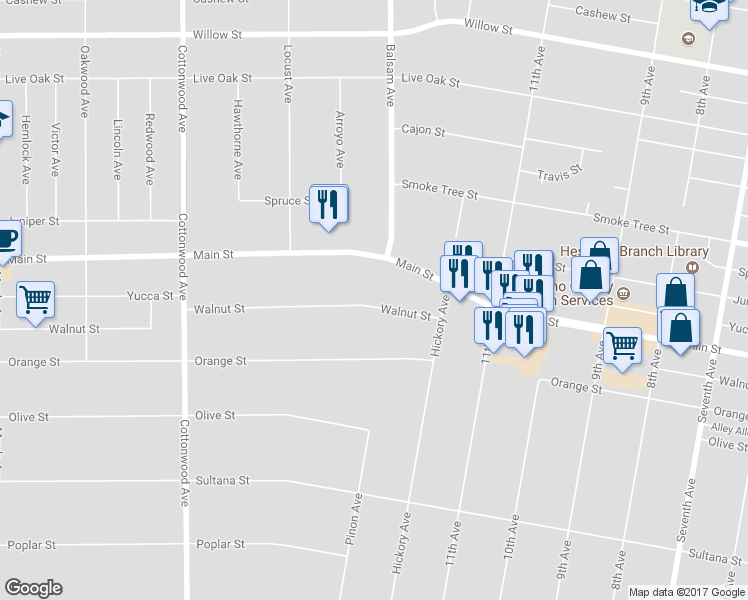 map of restaurants, bars, coffee shops, grocery stores, and more near 15256 Walnut Street in Hesperia