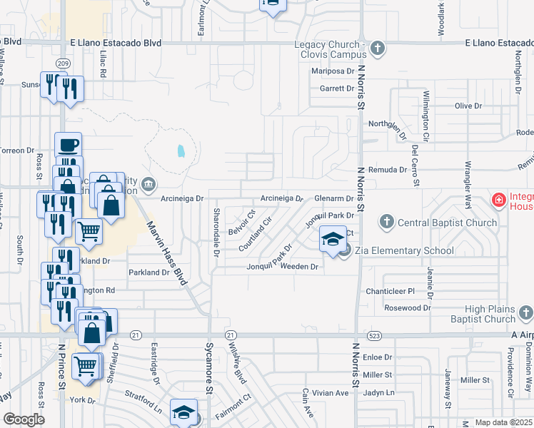 map of restaurants, bars, coffee shops, grocery stores, and more near 1812 Glenarm Drive in Clovis