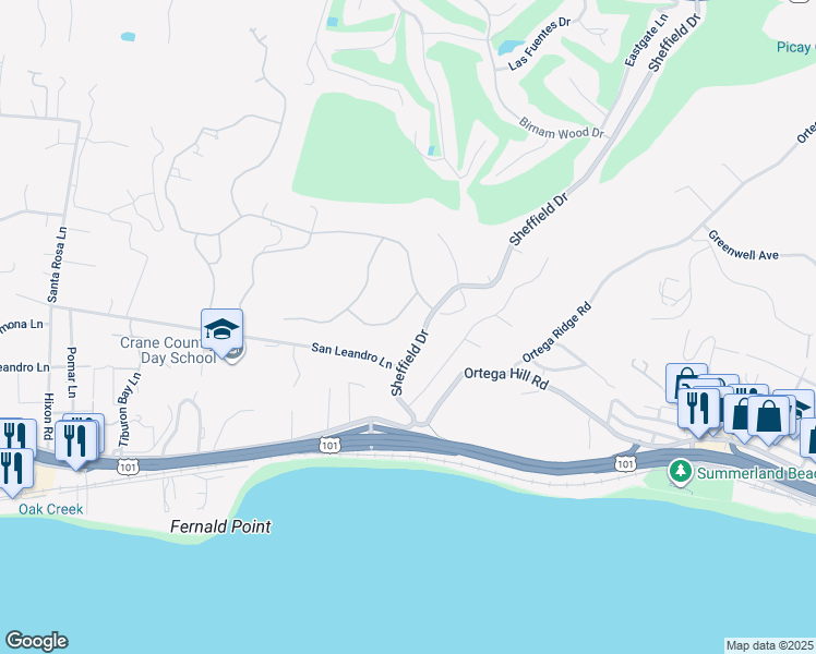 map of restaurants, bars, coffee shops, grocery stores, and more near 284 Gould Lane in Montecito