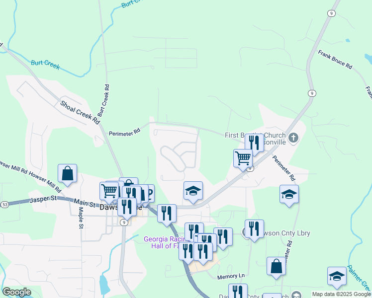 map of restaurants, bars, coffee shops, grocery stores, and more near 44 Hartley Avenue in Dawsonville