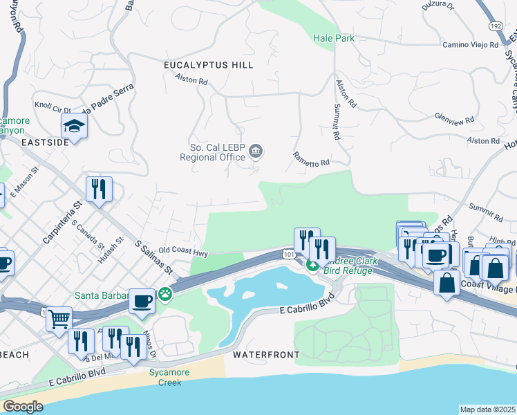 map of restaurants, bars, coffee shops, grocery stores, and more near 550 Scenic Drive in Santa Barbara