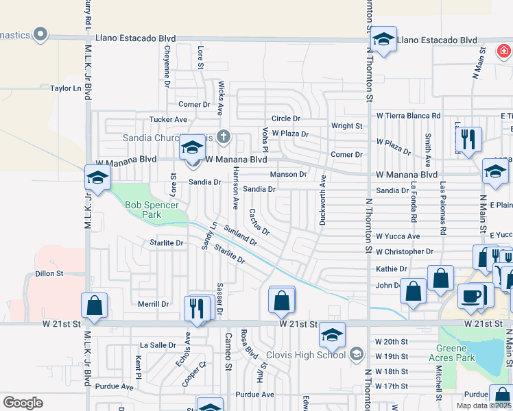 map of restaurants, bars, coffee shops, grocery stores, and more near 305 Cactus Drive in Clovis