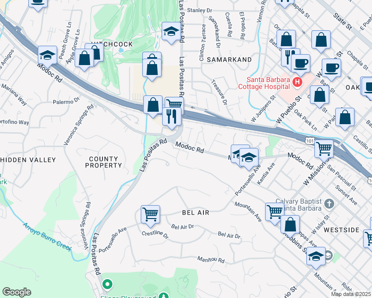 map of restaurants, bars, coffee shops, grocery stores, and more near 2531 Modoc Road in Santa Barbara