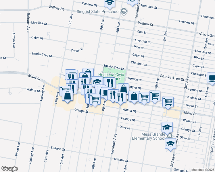 map of restaurants, bars, coffee shops, grocery stores, and more near 9626 8th Avenue in Hesperia