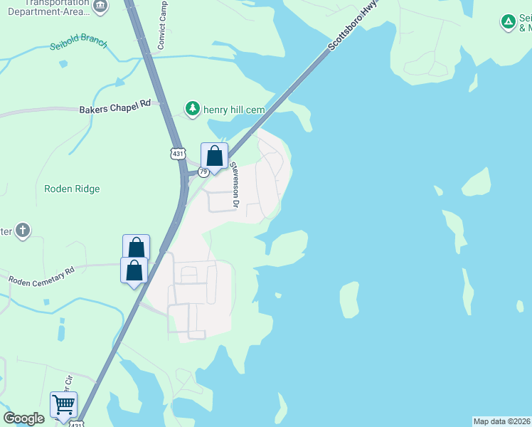 map of restaurants, bars, coffee shops, grocery stores, and more near 237 Riverbend Circle in Guntersville
