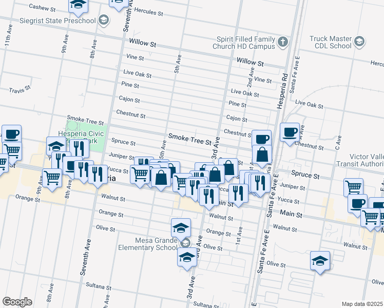 map of restaurants, bars, coffee shops, grocery stores, and more near 16281 Spruce Street in Hesperia