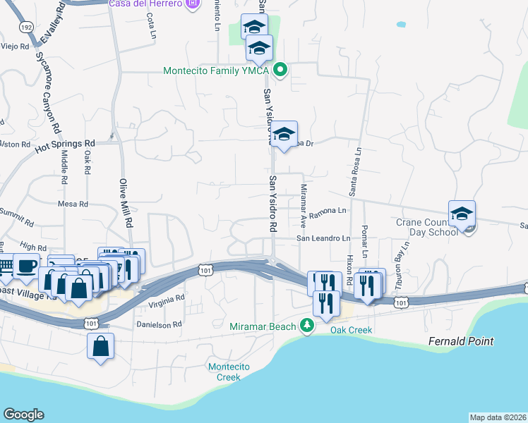 map of restaurants, bars, coffee shops, grocery stores, and more near 180 La Vereda Road in Montecito