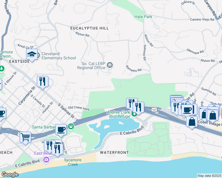 map of restaurants, bars, coffee shops, grocery stores, and more near 550 Scenic Drive in Santa Barbara